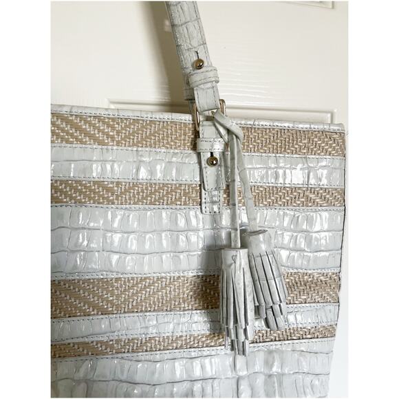 Brahmin Leather and Raffia Medium Asher Tote in Croc Embossed Ivory - Picture 2 of 11